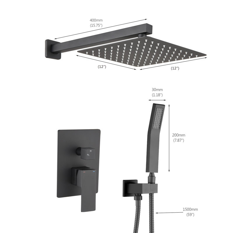 Wall Mounted 12 - Inch Matte Black Brass Shower Combination With Lever Handle, Adjustable Flow, And Modern Bathroom Look System Diverter Valve, Single Resistance To Scratches