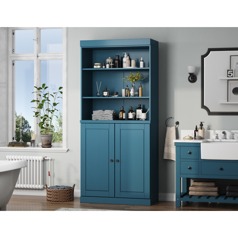 32" 100% Solid Wood Freestanding Bathroom Cabinet with Solid Doors, 2 Drawers & Adjustable Shelves – Modern Bathroom Storage