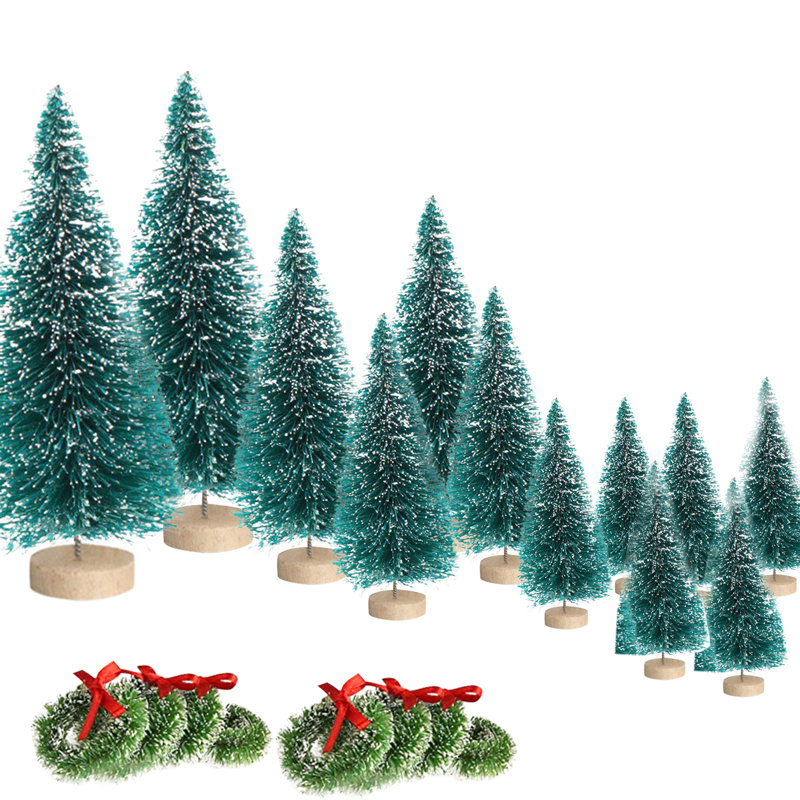 12 mini sapins de Noël artificiels avec 8 petites guirlandes de Noël, arbres à brosse en bois, Vert