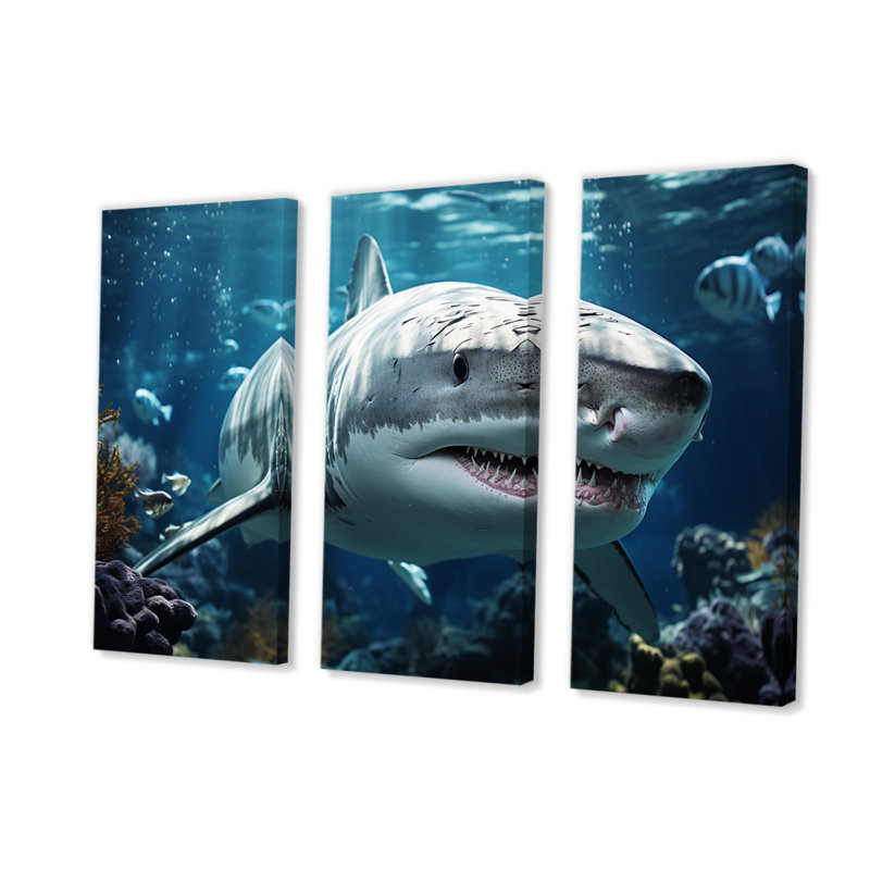 Requin gris sarcelle, symphonie marine sur toile, 3 pièces, H 28 po x l 36 po x P 1 po