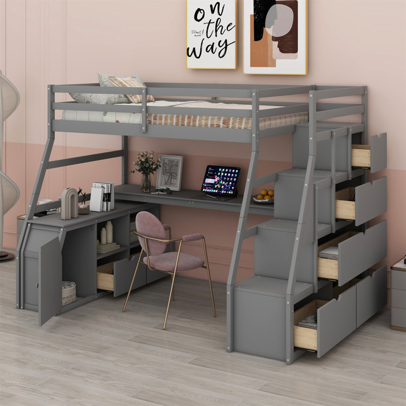 Lit mezzanine avec rangement et escalier Heiki, Gris, Simple