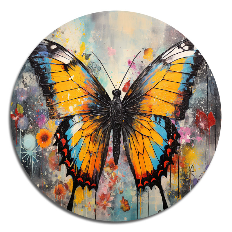 Papillon orange, bleu sarcelle, couleurs dansantes - animaux, art rond en métal, H 16 po x l 16 po x P 1 po