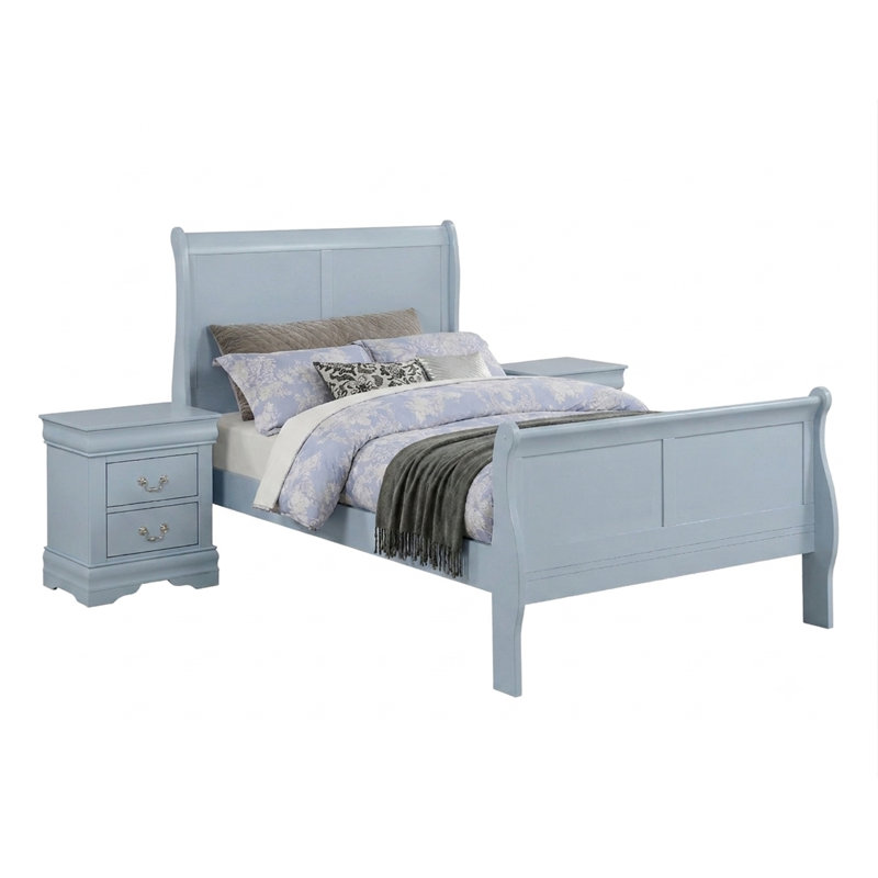 Ensemble de chambre à coucher Louis en bois massif 3 pièces pour lit simple, avec lit traîneau et style Louis-Philippe, Blue