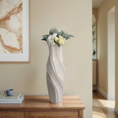 Modern Stoneware Vase with Sculptural Swirl Design - Decorative White Table Vase for Contemporary Living Room, Bedroom, or Office Decor - 20" Tall Elegant Accent for Floral Arrangements or Standalone Display