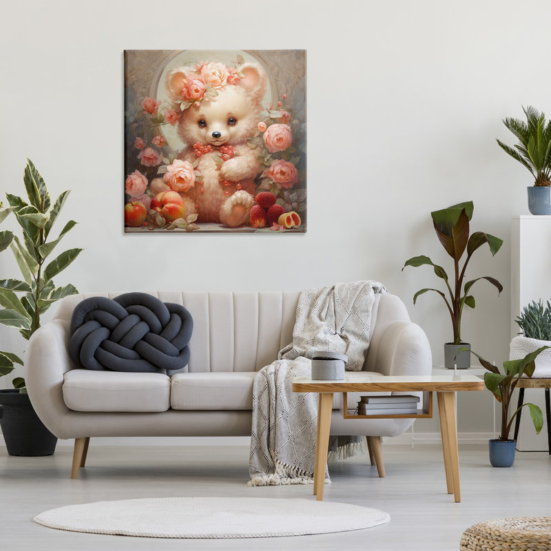 Ours avec fruits et fleurs, art mural sur toile par RB, H 36 po x l 36 po