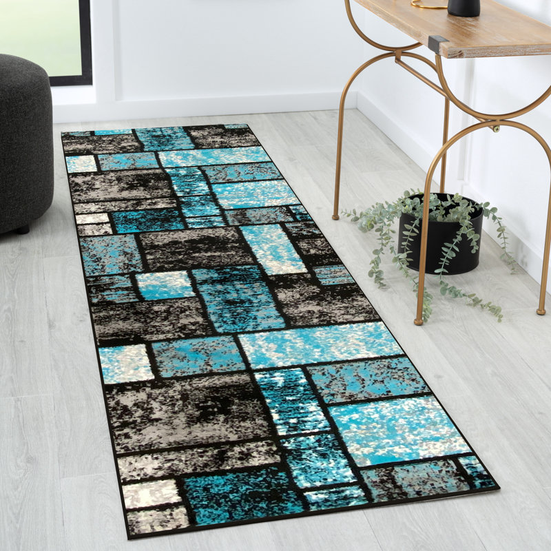 Tapis abstrait bleu / gris / noir Catalan, Tapis de couloir de 2 pi x 7 pi
