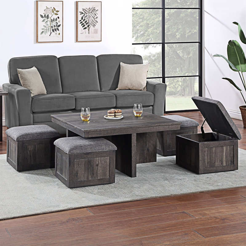 Table basse en bois rustique avec tabourets de rangement
