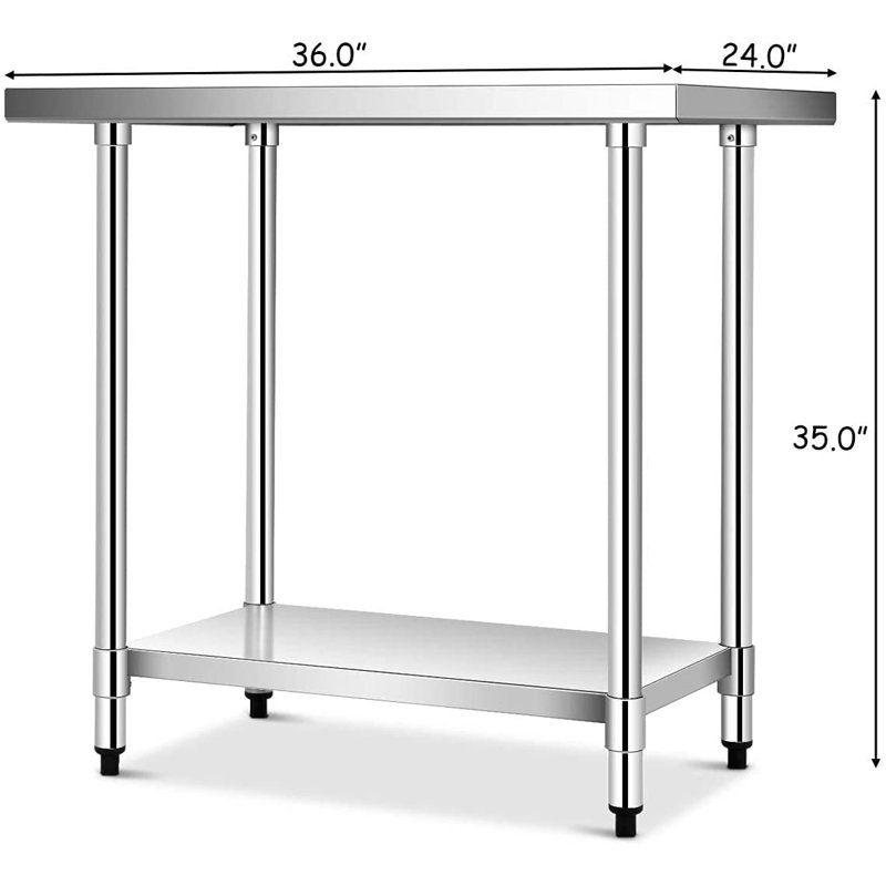 Modern Stainless Steel Food Preparation Kitchen Table, Silver, 35" H x 36" L x 24" W