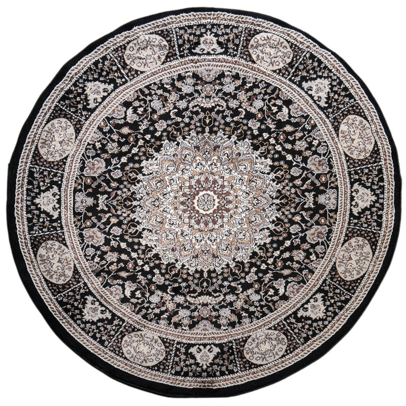 Devansh Power Loom Black/Cream Rug, Round 7'9"