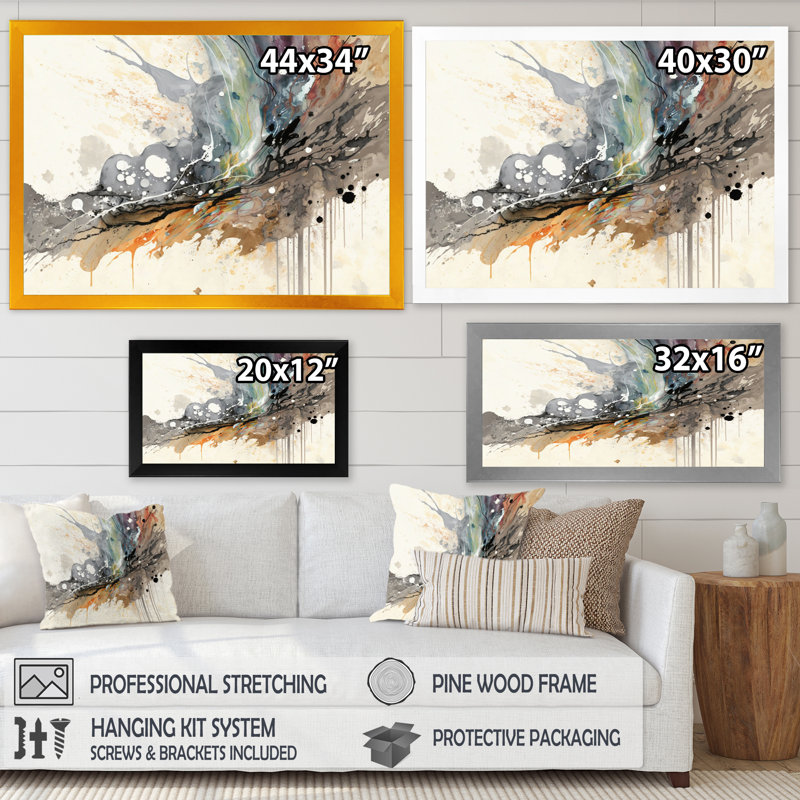 «Jazz Rhythms In Shades Of Grey III», art abstrait à l'encre liquide, Cadre doré simple, H 30 po x l 40 po x P 1,5 po