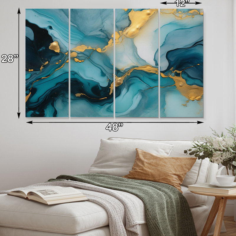 Turquoise doré infusé marbre II - Fractals Wall Art Living Room - 4 panneaux