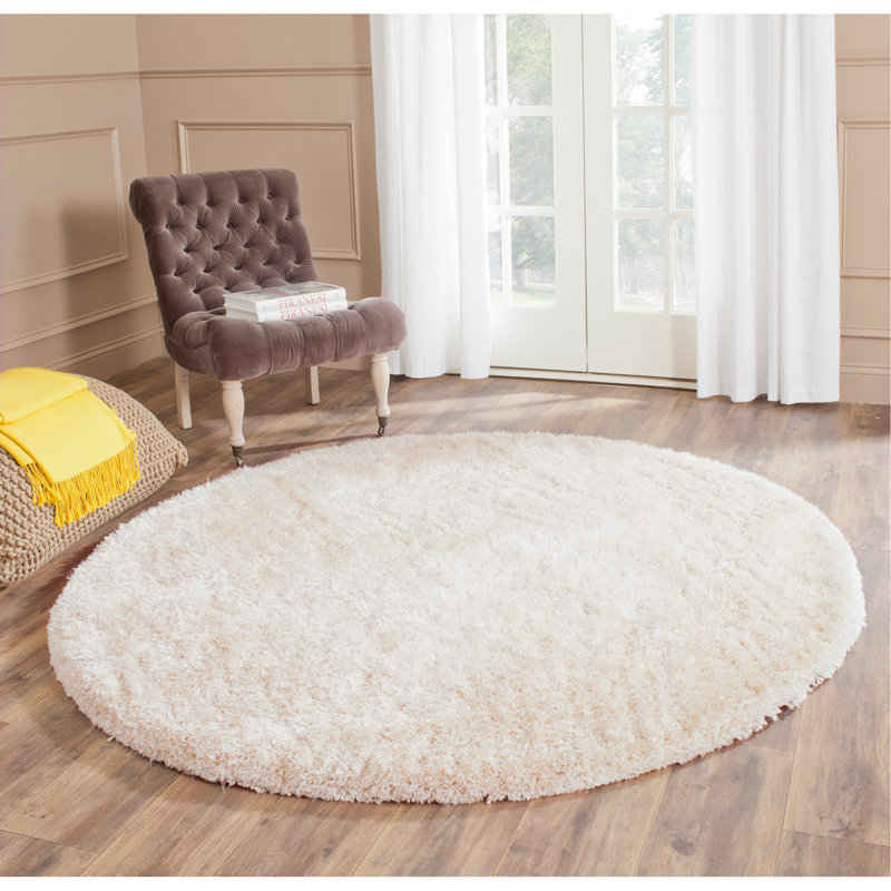 Tapis à poil long champagne fabriqué à la main Delane, Rond 6 pi