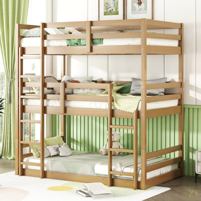 Lit superposé triple en bois d'hévéa avec deux échelles intégrées, garde-corps, lit simple superposé simple au-dessus d'un lit simple, lit superposé triple amovible