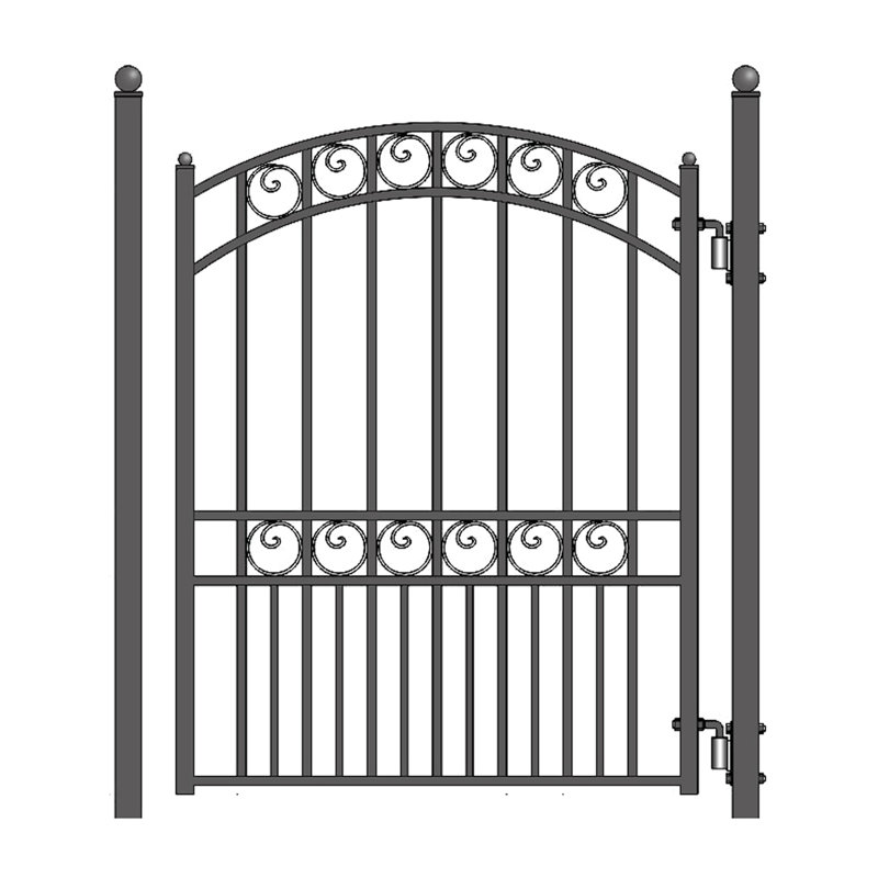 Black Arched Steel Pedestrian Gate with Ornamental Design