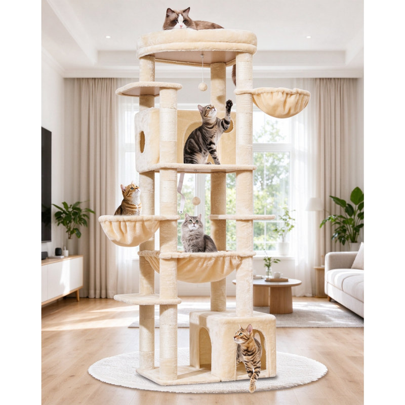 183cm Large Cat Tree Tower for Indoor Cats, with 7 Sisal Scratching Posts, 2 Cat Condos, Platform, 2 Hanging Baskets & Metal Hammock, Beige