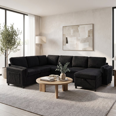Canapé-lit modulaire coulissant en U de 111 po avec méridienne réversible, double rangement hydraulique, ports USB et revêtement en velours côtelé pour le salon