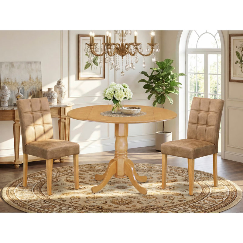 3 Piece Dining Table Set Includes A Wooden Table and 2 Brown Textured Polyester Fabric Mid Century Modern Chairs, Oak, Oak