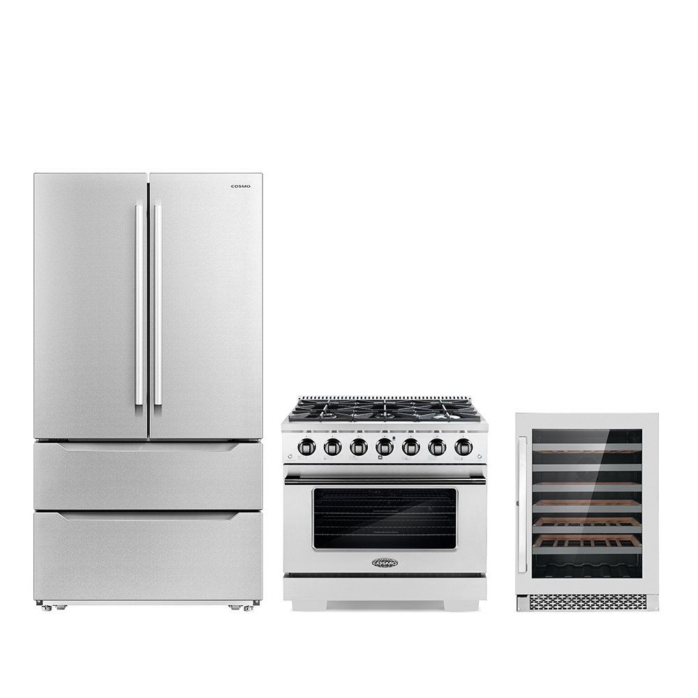 Cosmo 3 Piece Kitchen Appliance Package with French Door Refrigerator , 36'' Gas Freestanding Range , and Wine Refrigerator Cosmo 