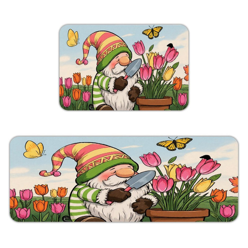 Tapis de cuisine antidérapant 2 pièces Gnome Tulip Garden