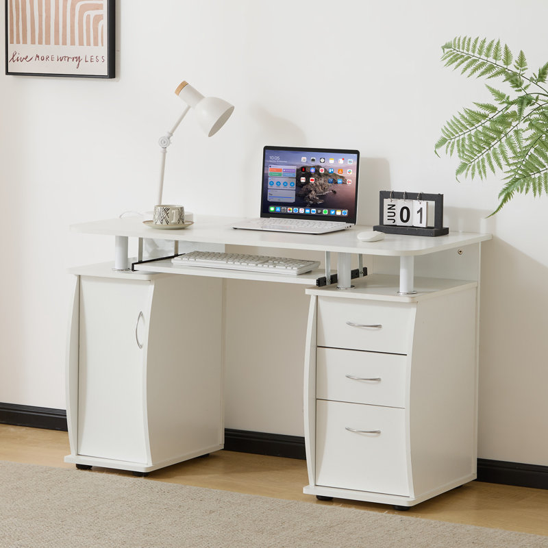45.28in White Density Board with Embossed Melamine Laminated, One Door and Three Drawers Computer Desk