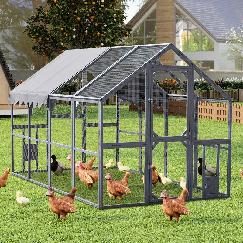 Enclos d'extérieur gris de 110 po avec couvercle imperméable amélioré, entrée pour l'alimentation des animaux de compagnie, deux petites sorties, filet de sécurité galvanisé, toit de jeu spacieux et amovible, style Interaction,