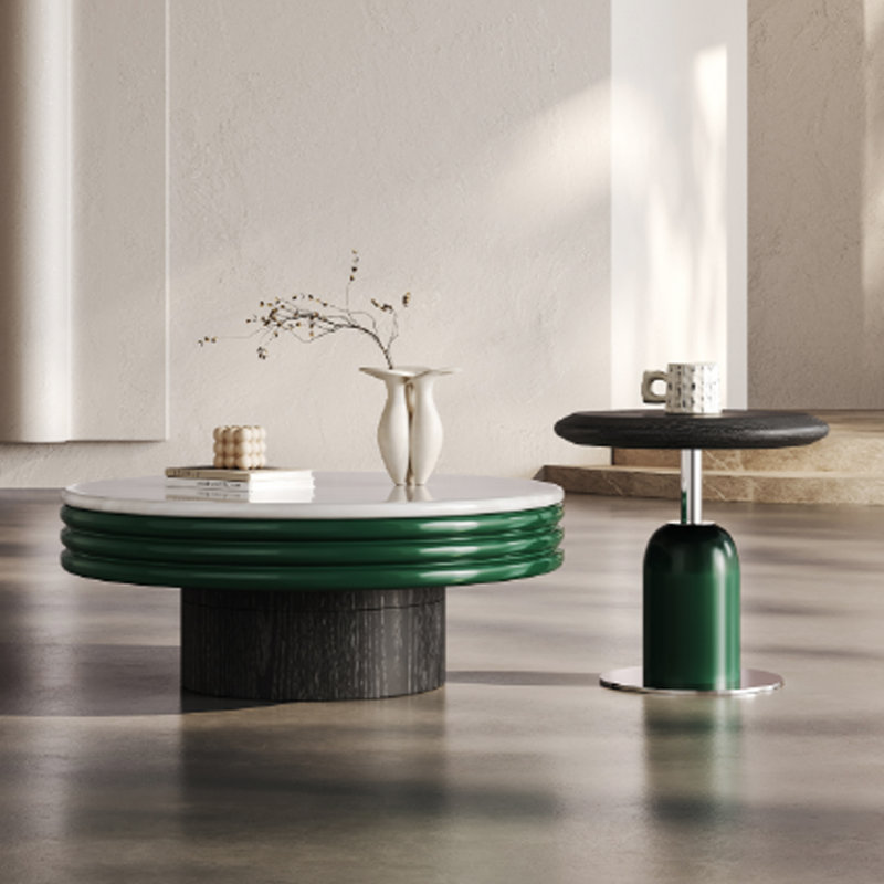 Marble Coffee Table Set With Green Side Table – Scratch-Resistant, Ash Wood Base, Colour Block Design
