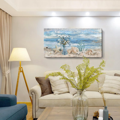 Large Canvas Wall Art For Living Room Seaside Painting Blue Sea View Ocean Theme Abstract Seascape Framed Artwork Coastal Beach Home Decor Daisy Flower In Indian Vase Picture Poster Print 24X48inch