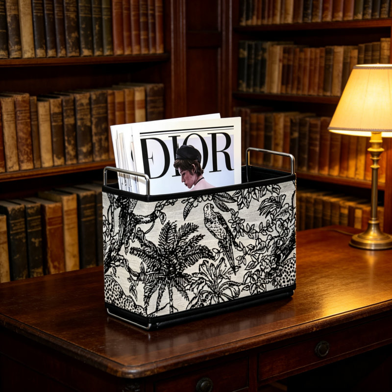 Porte-revues à thème Jungle, porte-revues en tissu brodé, panier à journaux en simili cuir rétro (noir et blanc)