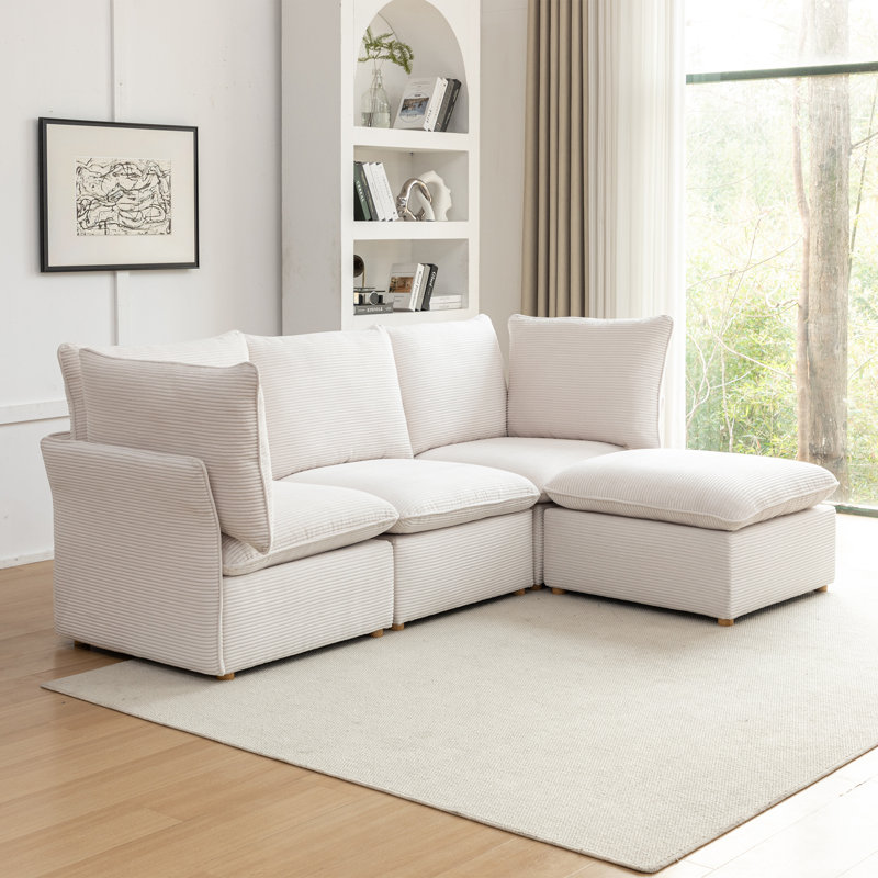 Canapé modulaire avec repose-pieds Hepworth Dejohn, Velours côtelé blanc, H 36 po x l 95,5 po x P 62,5 po