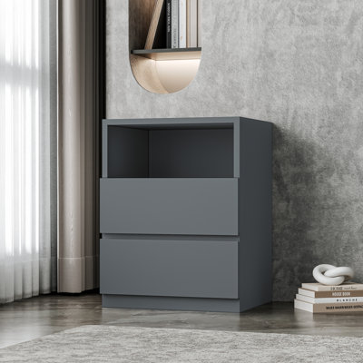 2 Drawers Cabinet Gray Freestanding Storage Cabinet, Modern Floor Multifunctional Corner Unit Nightstands with Open Shelf for Living Room, Bed Room