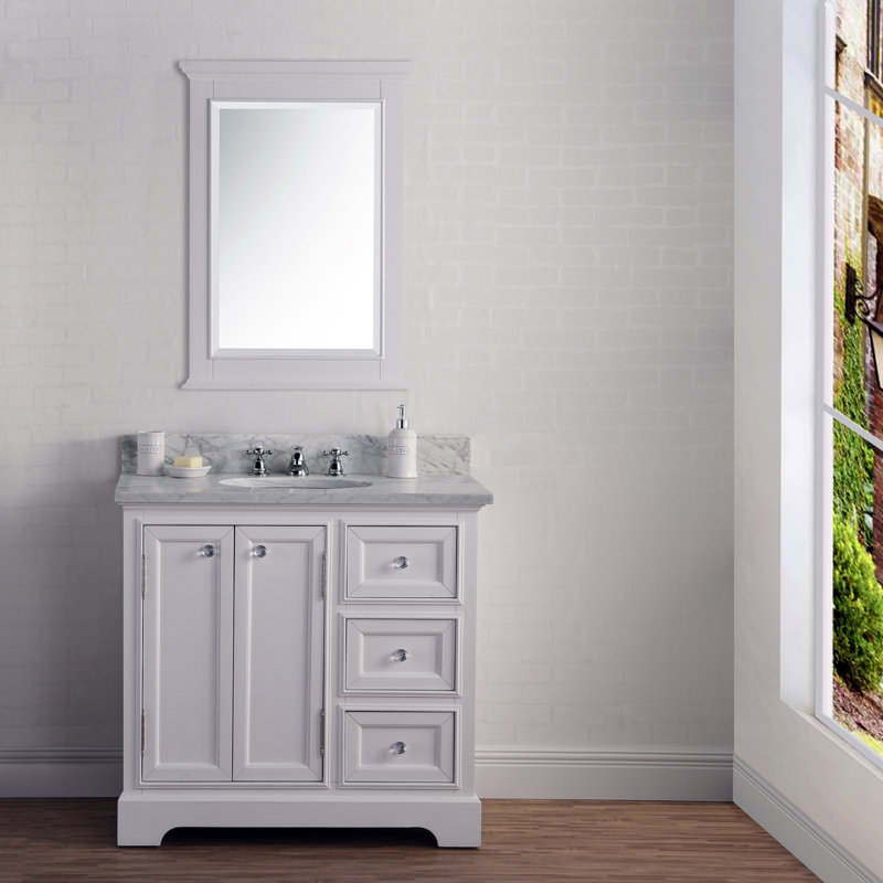 Derby 36" Carrara White Marble Countertop Bath Vanity with Miror, No, White
