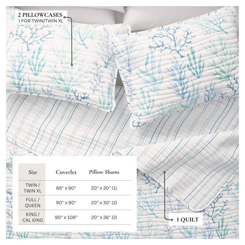 Blue Watercolor Coral Coastal Reversible Quilt Set with Shams, Full / Queen Quilt + 2 Standard Shams