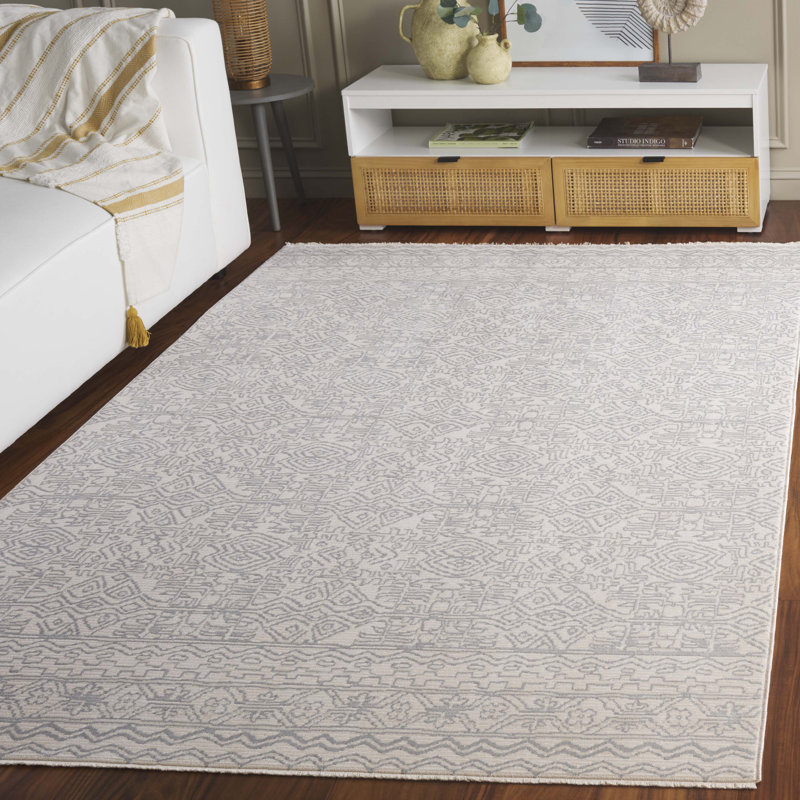 Tapis en polyester / viscose abstrait tissé à la machine en gris / ivoire, Rectangle de 5 pi x 8 pi