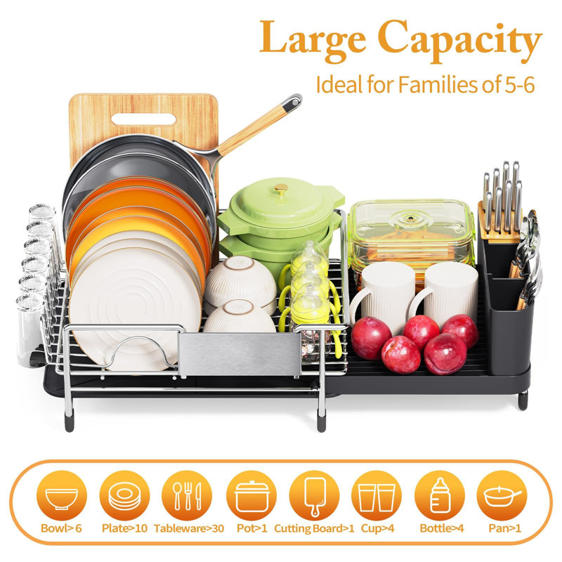 Expandable Stainless Steel Dish Rack with Utensil Cup and Drainboard