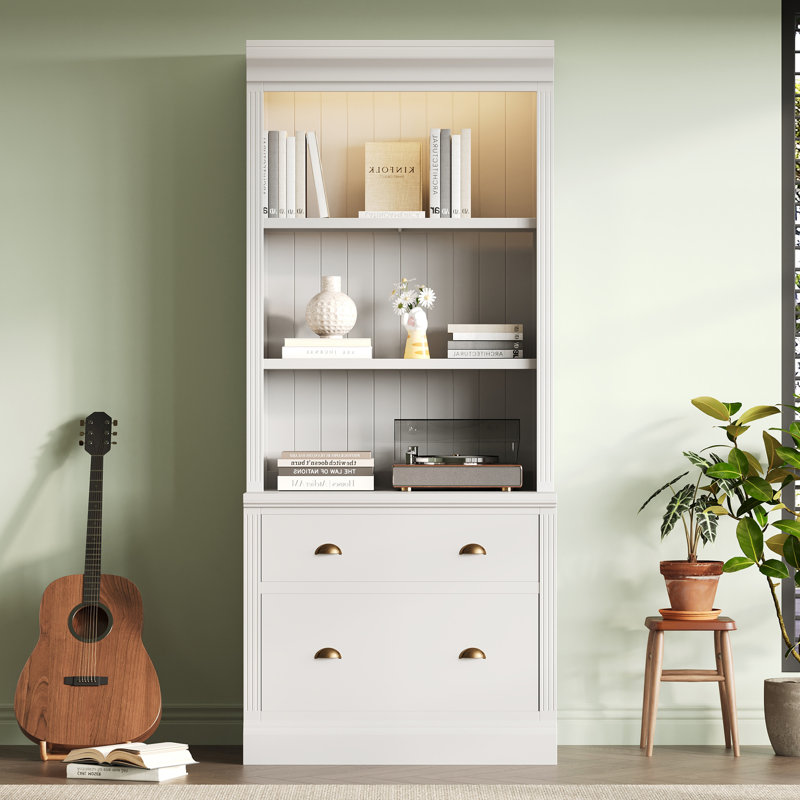 83.4"Tall Storage Bookshelf With LED Lighting, 2 Drawer And 3 Open Shelves