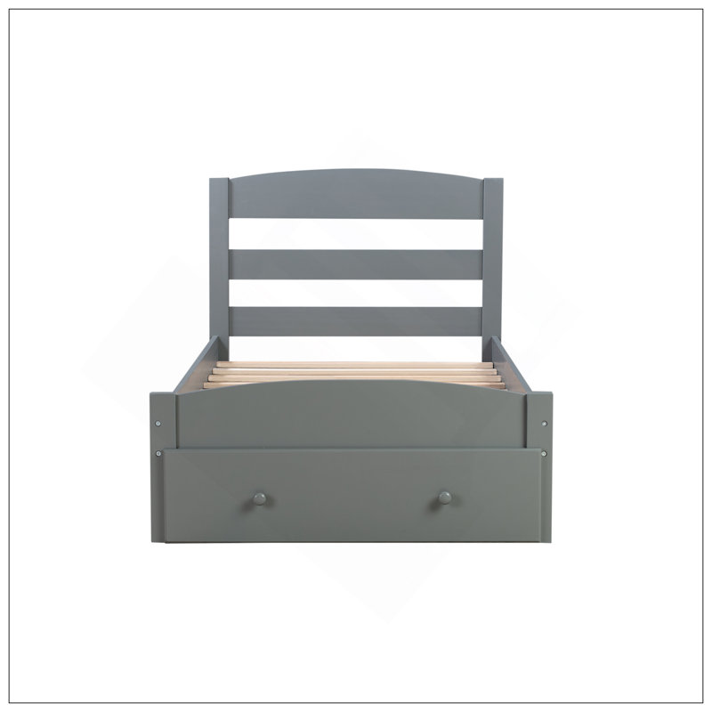 Structure de lit plateforme simple avec tiroir de rangement et support en lattes de bois sans sommier, gris
