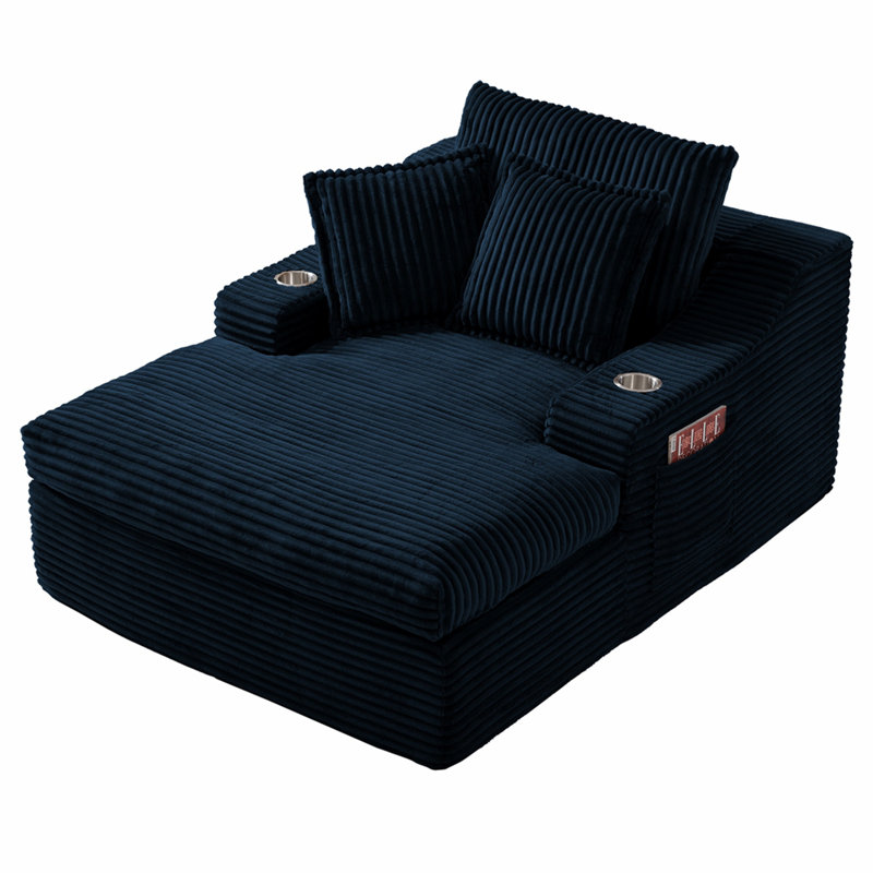 Très grande méridienne intérieure, canapé-lit rembourré 67 po avec porte-gobelets et 3 coussins, Blue