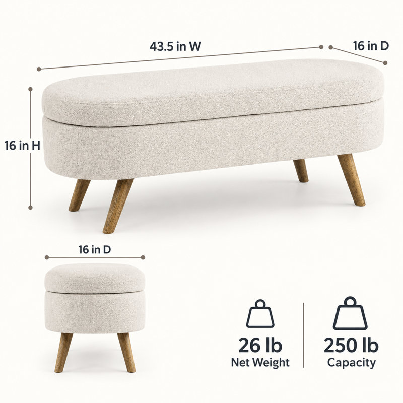 Banc de rangement ovale 43,5 pouces avec rangement à plateau relevable et pieds en bois, beige