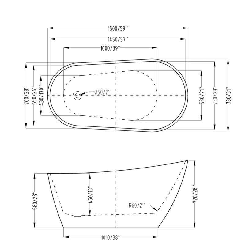 60'' x 31'' Freestanding Soaking Acrylic Bathtub