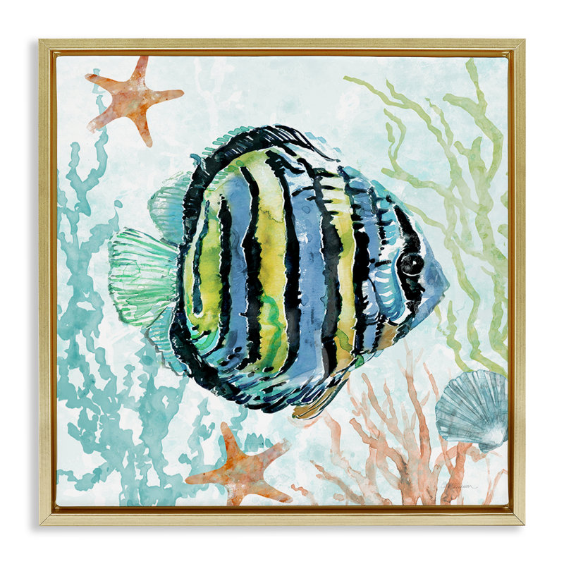  Art mural rayé sur toile flottante, "Angel Fish" par Carol Robinson, H 18 po x l 18 po, Cadre flottant métallique doré