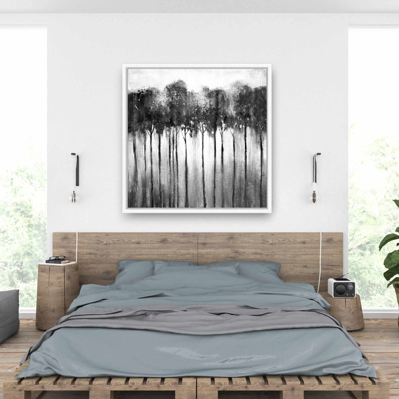 Toile abstraite noire et blanche forêt | Salon gris