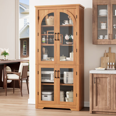70 po - Armoire de rangement pour garde-manger 70 po - Rangement moderne avec 4 portes arquées en verre et tablettes réglables, organisateurs de placard polyvalents pour la cuisine, la salle à manger, le salon, le noyer