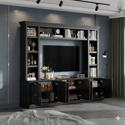 Meuble télé tout-en-un avec bibliothèque intégrée pour téléviseur de 70 po ou moins. Comprend trois tablettes réglables et un grand espace de présentation et de rangement pour le salon.