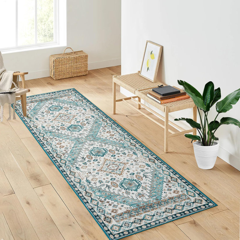 Rectangle Abstract Washable Area Rug, Green, Runner 60 x 230 cm