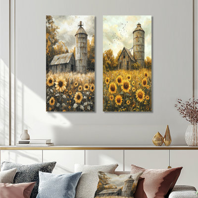 «Farm Sunflowers Around the Silo I» - ensemble de 2 décorations murales tournesol en métal