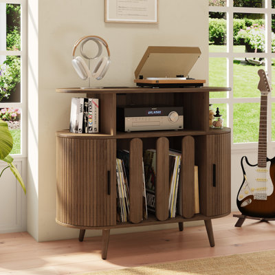 35.5'' Round Record Player Stand With Charging Station,turntable Stand Table With Open Storage