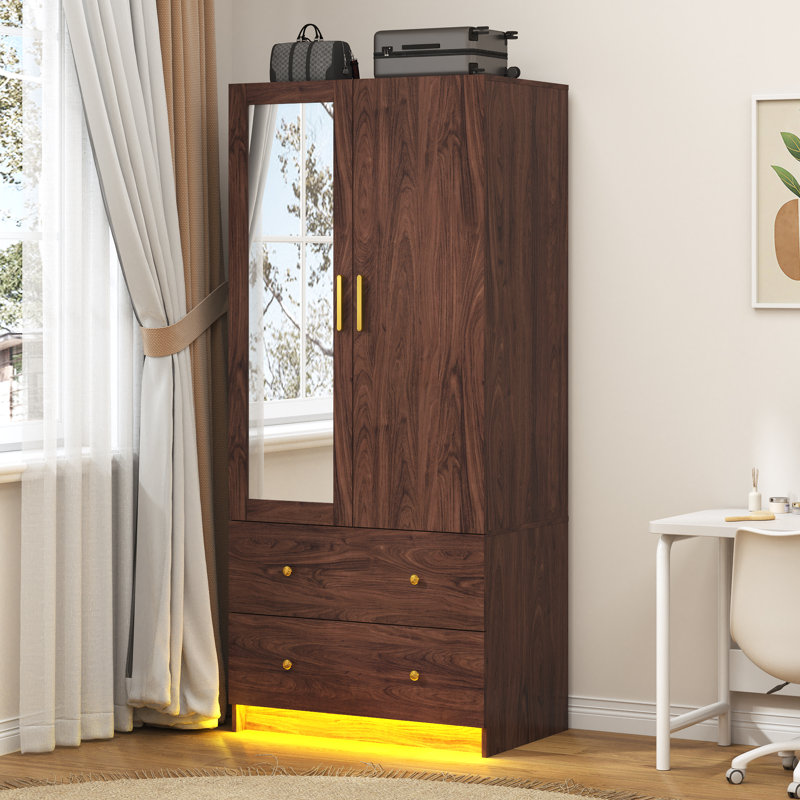 Armoire moderne à 2 portes avec miroir, 2 tiroirs et lumières à DEL rgb, penderie pour rangement dans la chambre à coucher