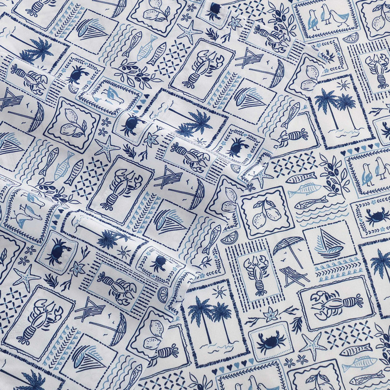 Nautica Beach Collage Blue Cooling Sheet Set, Queen Sheet Set with 2 Pillowcases, Beach Collage Blue