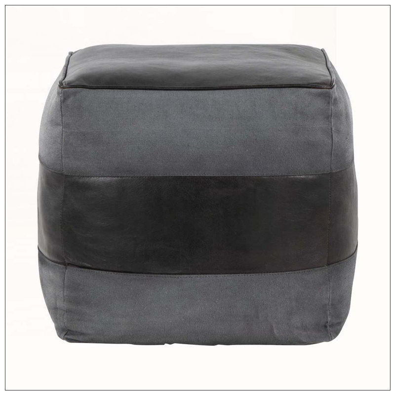 Square Ottoman with Leather and Canvas Stitching