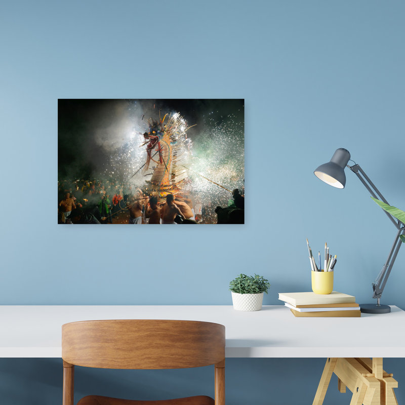 Dragon, feux d'artifice, célébration, art mural traditionnel, 12" H x 18" W